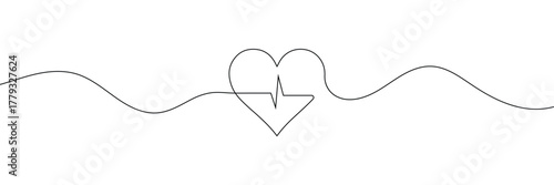 Continuous line drawing of heart with heartbeat. Pulse trace. Cardiogram icon. One line drawing. Single line art. Vector illustration .EPS 10 .