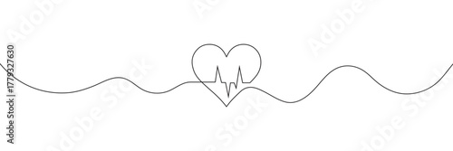Continuous line drawing of heart with heartbeat. Pulse trace. Cardiogram icon. One line drawing. Single line art. Vector illustration .EPS 10 .