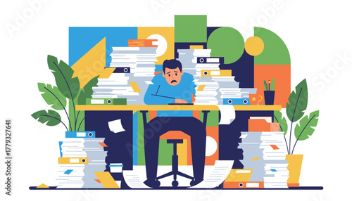 Businessman overwhelmed by paperwork stacks Stress heavy workload bureaucracy concept illustration