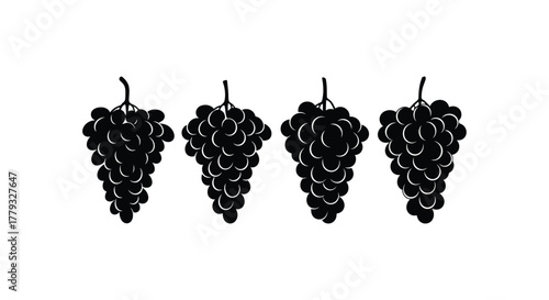 Four black grape bunches isolated on white background in a row design