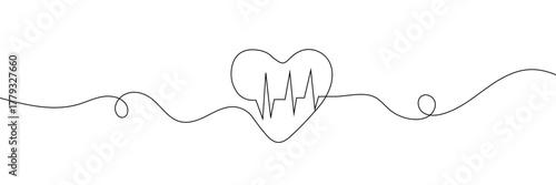 Continuous line drawing of heart with heartbeat. Pulse trace. Cardiogram icon. One line drawing. Single line art. Vector illustration .EPS 10 .