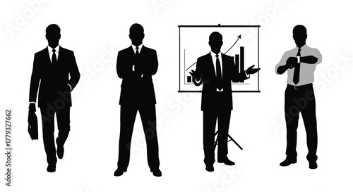 Silhouette of four businessmen in different poses isolated on white background