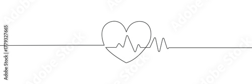Continuous line drawing of heart with heartbeat. Pulse trace. Cardiogram icon. One line drawing. Single line art. Vector illustration .EPS 10 .