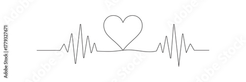 Continuous line drawing of heart with heartbeat. Pulse trace. Cardiogram icon. One line drawing. Single line art. Vector illustration .EPS 10 .