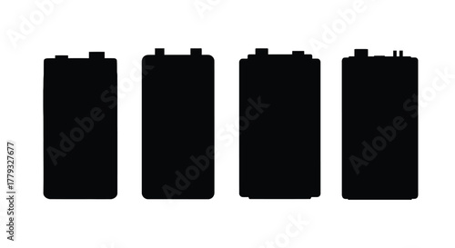 Black battery silhouettes isolated on white background for energy