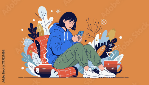 Woman relaxes indoors in winter scrolling on phone with steaming mugs Cozy leisure and connection