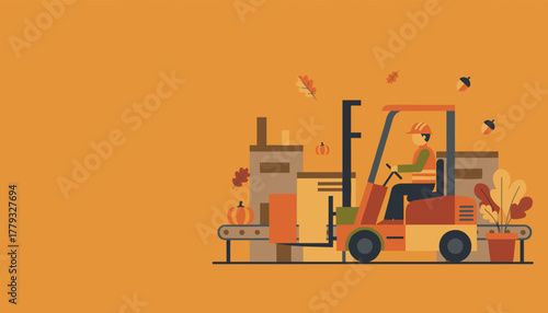 Forklift driver moving autumn goods and pumpkins in warehouse illustration Seasonal logistics