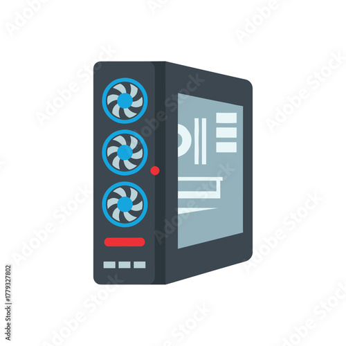 A flat style illustration of a gaming computer CPU tower featuring RGB lighting and a modern design, symbolizing power, performance, and advanced technology