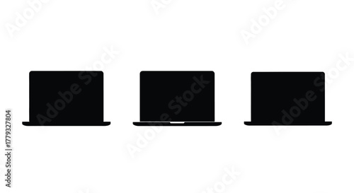 Three black laptop silhouettes isolated on white background in a row