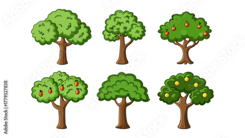 Variety of Trees: A collection of various tree illustrations, each with unique characteristics and designs, creating a harmonious and aesthetically pleasing visual experience.