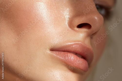Extreme close-up of glossy lips and glowing skin under natural light