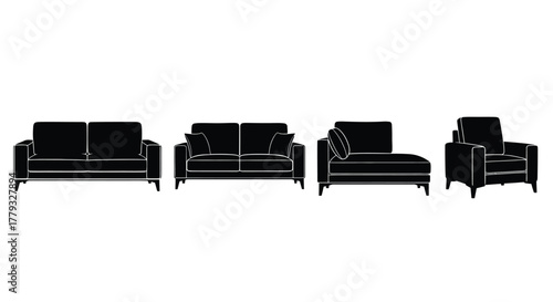 Four black sofa silhouettes in different styles isolated on white background