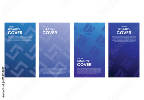 Creative posters story card featuring vibrant Blue Gradient Cover Templates with Geometric Patterns. Each poster showcases unique layouts suitable for courses, magazines, banners, advertisements