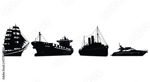 Four different types of ships isolated on white background for transportation