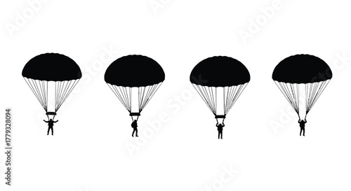 Four parachutes isolated on white background are displayed in a row
