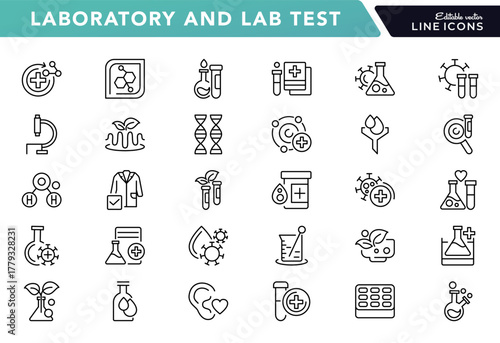 Laboratory and lab test linear icon set. Experiment, microscope, test tube, research, chemistry, analysis, science line icon set. UI thin line icon design