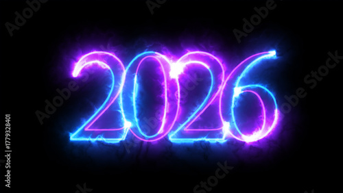 Neon fire effect light letter 2026 festive digital greeting text celebration and holiday themed design