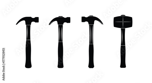 Four hammers isolated on white background, representing different hammer types