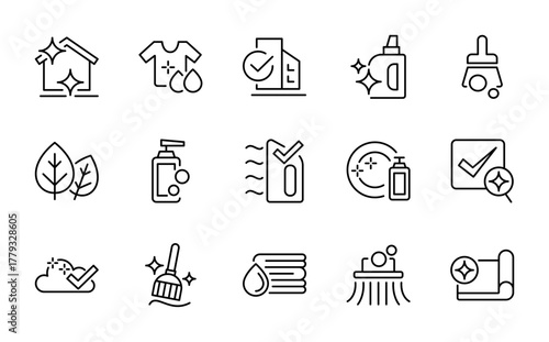 Professional House Cleaning Icons. Sanitary tools, hygiene equipment, bucket, detergent, and mop outline vector set for maid and cleaning company design. Ui thin line icon pack.