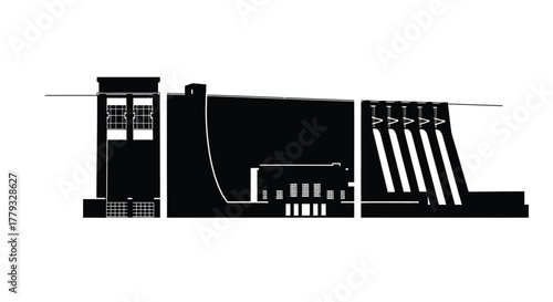 Silhouetted hydroelectric dam isolated on white background