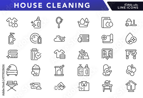 House cleaning line icon set. washing, detergent bottles, vacuum cleaner, broom, mop, bucket, and home hygiene line icons. Ui thin line icon pack