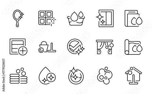 Sanitation and Home Cleaning Line Icon Set. Clean house concept with thin line vector icons of tools, detergent, sponge, broom, dustpan, and hygiene maintenance