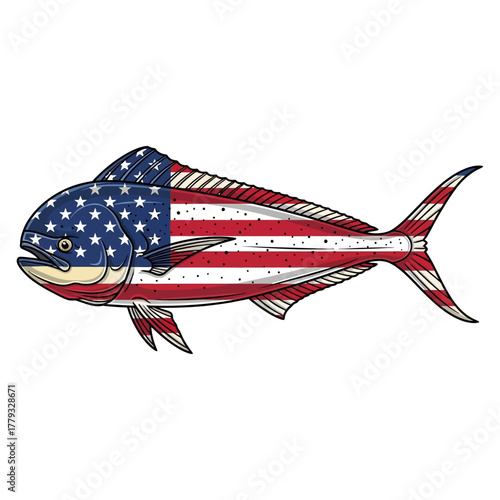 Mahi Mahi Fish with American Flag Skin for Offshore Saltwater Fishing Vector