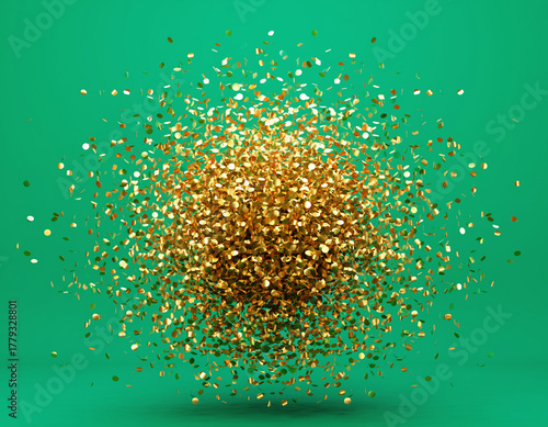 A luxurious explosion of golden glitter particles creating a festive cloud. Abstract celebratory confetti bursting on a vibrant green background