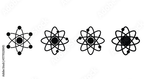 Four atom icons isolated on white background showing electron orbiting the nucleus