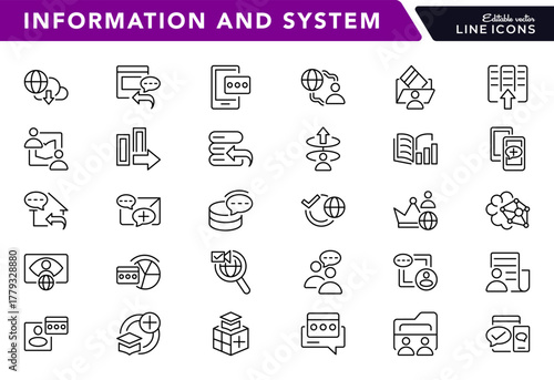 Information and System line icon set. Connection, communication, network, router, wireless signal, and technology data outline vector icons design