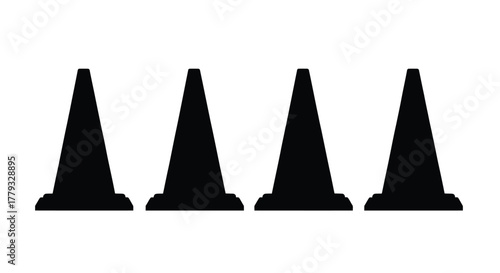 Four traffic cones isolated on white background, representing safety and caution