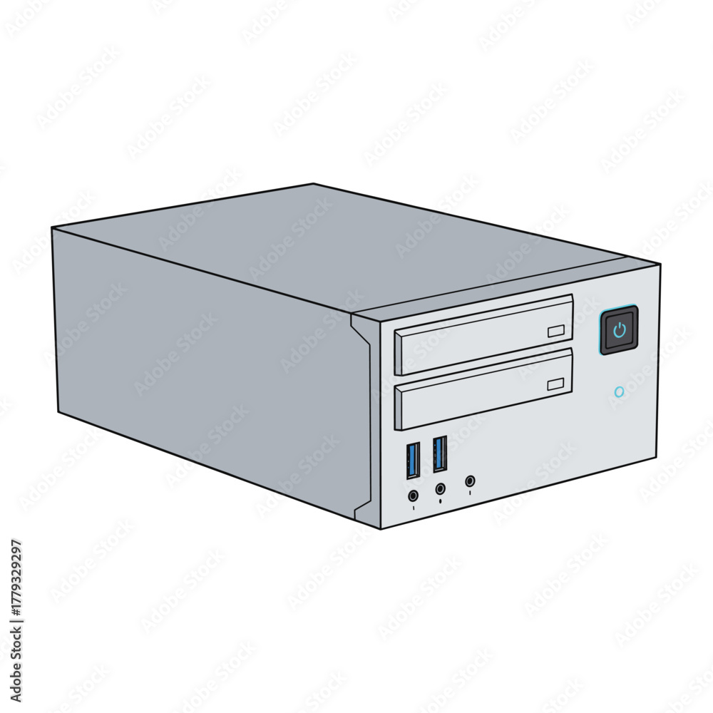 Obraz premium A flat style illustration of a standard computer CPU tower with a clean and simple design, representing typical desktop hardware used in offices and homes