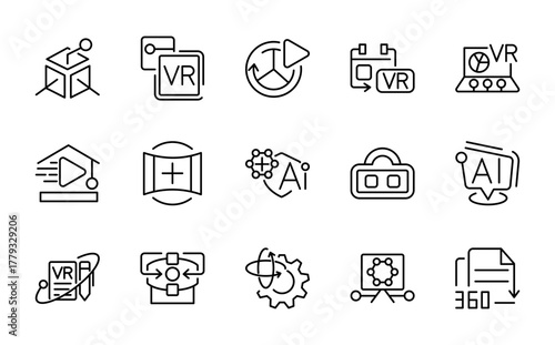 AI and VR Technology line icon set. Headsets, 3D visuals, immersive experiences, Headset, chip, brain, robot, and data analysis line icons