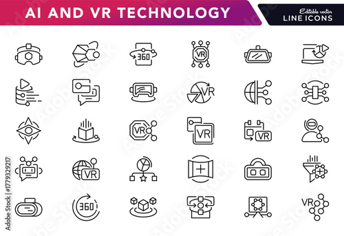 AI and VR Technology line icon set. 3D visuals, machine learning, augmented reality, innovation, immersive experiences, controllers, line icon collection
