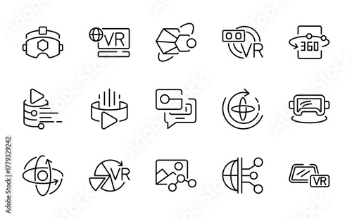 Virtual Reality and Artificial Intelligence Line Icon set. Robot, headset, data, neural chip, and smart technology outline vector icons for modern UI design