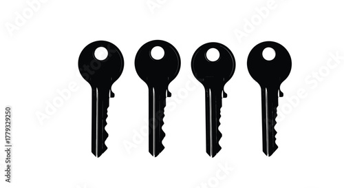 Four black keys isolated on white background are arranged in a row