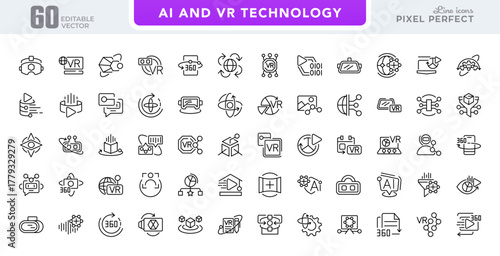 Virtual Reality and Artificial Intelligence line icon set. 3D visuals, controllers, automation, simulations, robotics, machine learning, headset, chat line icon set. Editable stroke