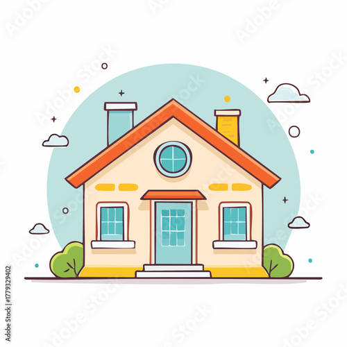 Charming flat design illustration of a cozy family house with a vibrant red roof and welcoming blue door, set against a bright, minimalist background with small clouds and bushes