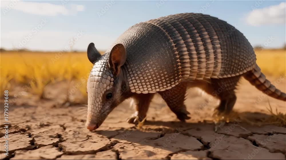 Armadillo  caminando activamente sobre la tierra seca y agrietada de la sabana