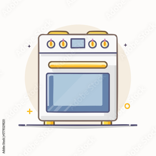 Modern white oven illustration with yellow accents and a glass door, perfect for kitchen and cooking themes
