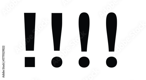 Four exclamation point symbols isolated on white background are displayed