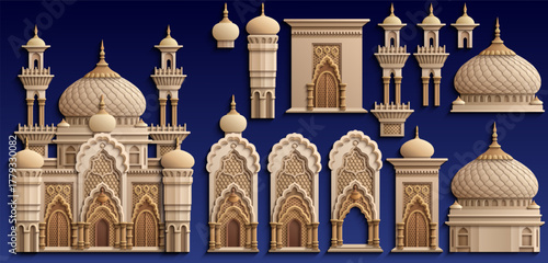 Set of stylized ancient Middle Eastern buildings in paper cut style. Perfect for games, travel guides, architecture projects, or historical infographics. Hand drawn vector illustration