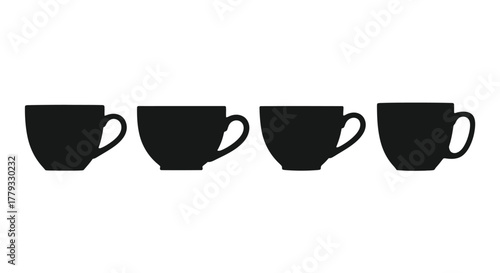 Four black coffee cups isolated on white background, hot beverage