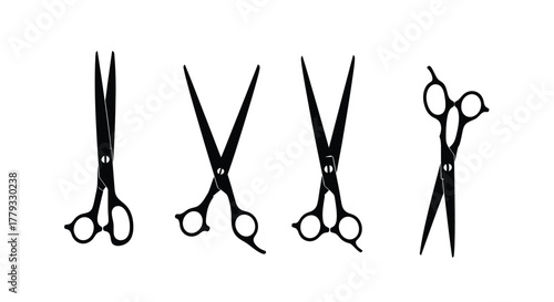 Four pairs of scissors isolated on white background are arranged in a row