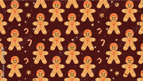 Vector illustration template featuring a repetitive gingerbread pattern in a flat design style, with bold lines, simple shapes, and a vibrant color scheme