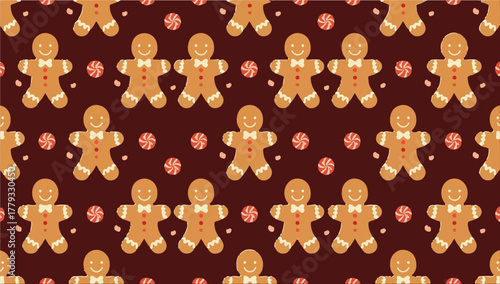 Vector illustration template featuring a repetitive gingerbread pattern in a flat design style, with bold lines, simple shapes, and a vibrant color scheme