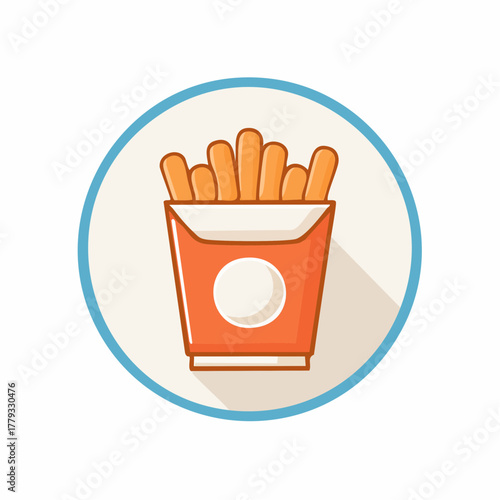 French Fries Icon in Orange and Blue with Shadow and White Background, Fast Food Illustration