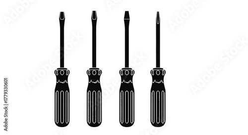Four screwdrivers with black handles isolated on white background