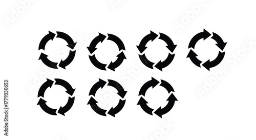 Seven circular arrows in silhouette isolated on white background, representing recycling