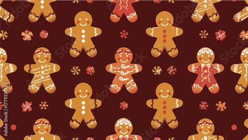 Vector illustration template featuring a repetitive gingerbread pattern in a flat design style, with bold lines, simple shapes, and a vibrant color scheme